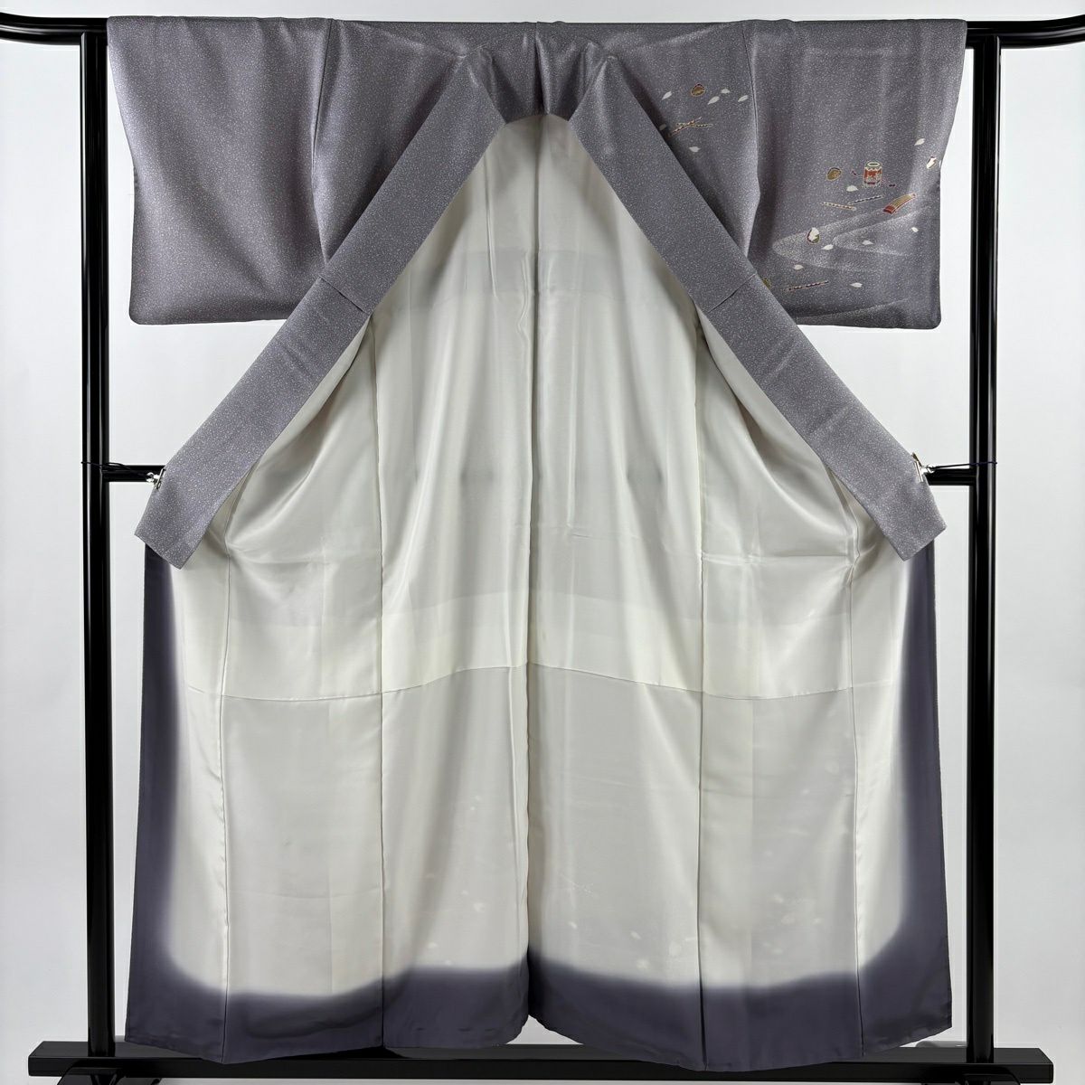 【美品】 付下 身長156.5cm 袖長62cm S 雙層 大和 貝合 笛 灰 純蠶絲 秀品級