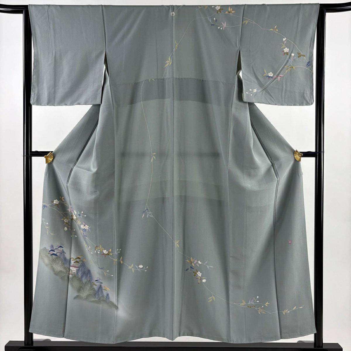訪問服 身長153.5cm 袖長64cm M 雙層 落款あり 枝花 家屋 漸層 青灰 純蠶絲 秀品級 一つ紋