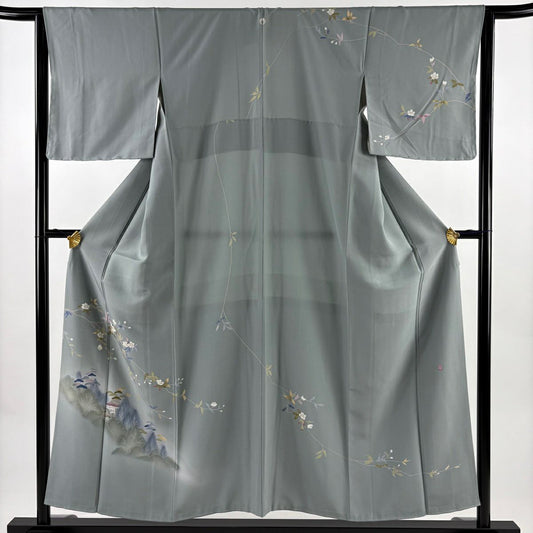 訪問服 身長153.5cm 袖長64cm M 雙層 落款あり 枝花 家屋 漸層 青灰 純蠶絲 秀品級 一つ紋