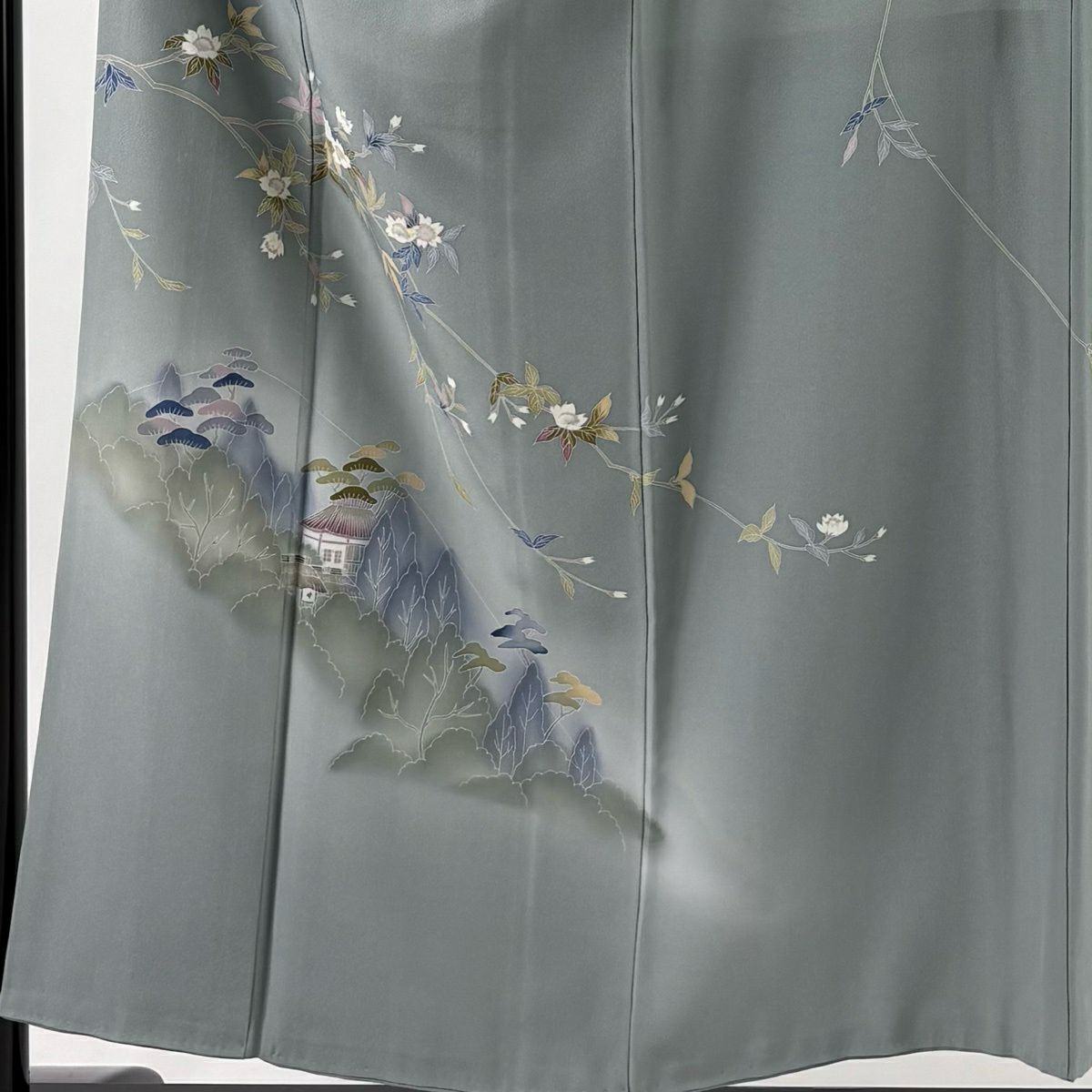 訪問服 身長153.5cm 袖長64cm M 雙層 落款あり 枝花 家屋 漸層 青灰 純蠶絲 秀品級 一つ紋