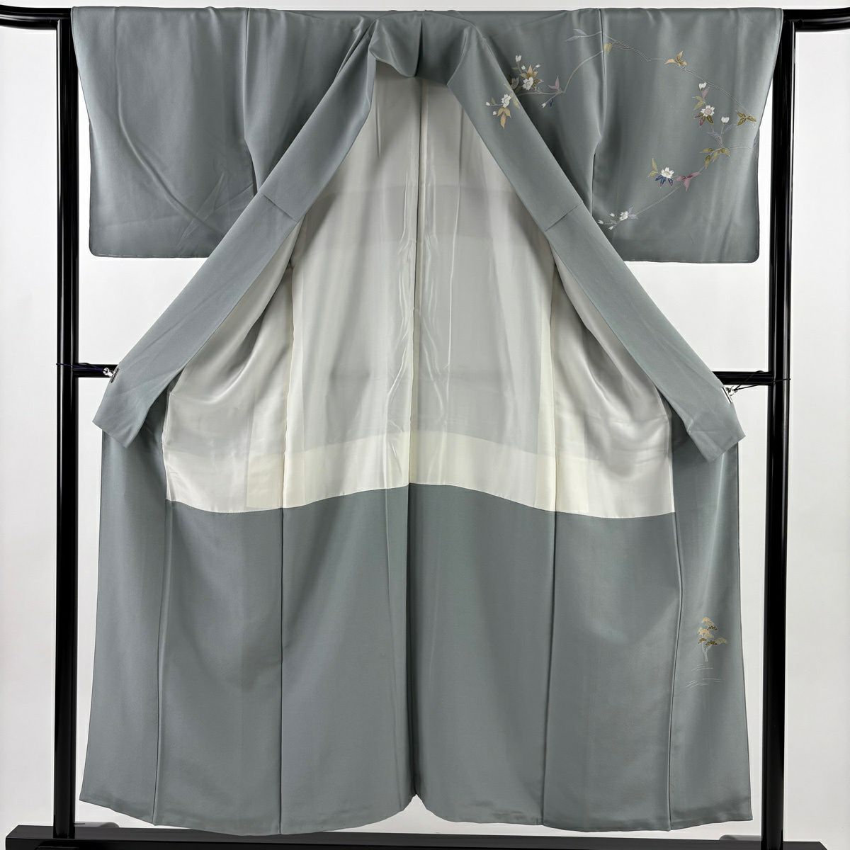 訪問服 身長153.5cm 袖長64cm M 雙層 落款あり 枝花 家屋 漸層 青灰 純蠶絲 秀品級 一つ紋