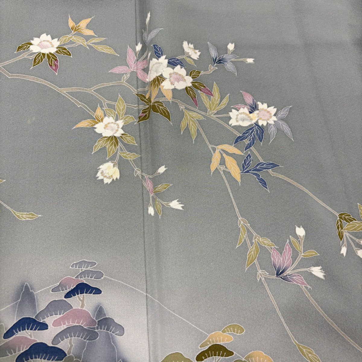 訪問服 身長153.5cm 袖長64cm M 雙層 落款あり 枝花 家屋 漸層 青灰 純蠶絲 秀品級 一つ紋
