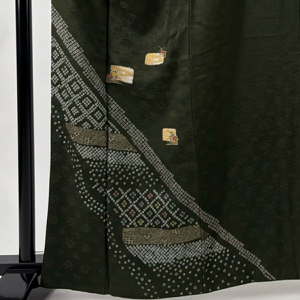 【美品】 付下 身長162.5cm 袖長67cm M 雙層 草花紋紋 霞 金絲 絞染 深綠 純蠶絲 優品級