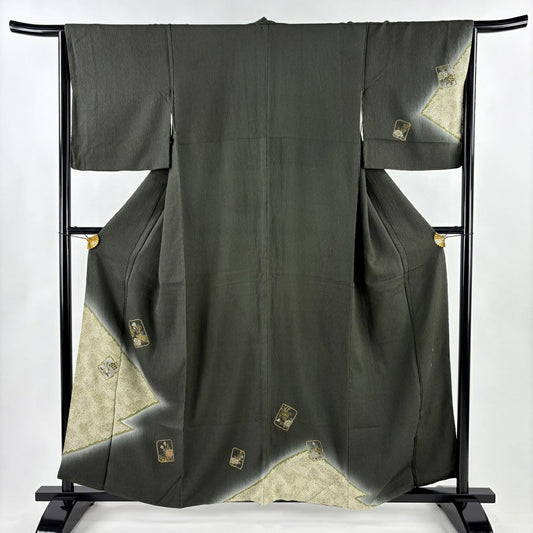 付下 身長158.5cm 袖長64.5cm M 雙層 落款有 破損色紙 草花紋紋 金絲刺繡 深綠 純蠶絲 優品級