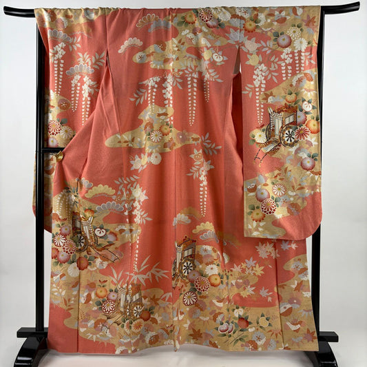振袖禮服 身長164.5cm 袖長68.5cm L 雙層 御所車 松樹竹子梅花 金糸 金銀彩 鮭粉色 純蠶絲 秀品級