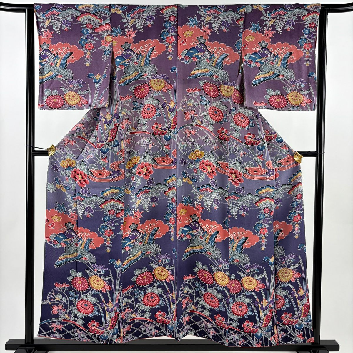 【美品】 付下 身長154cm 袖長64.5cm M 雙層 仙鶴 松樹竹子梅花 絞織 漸層 紫 純蠶絲 優品級