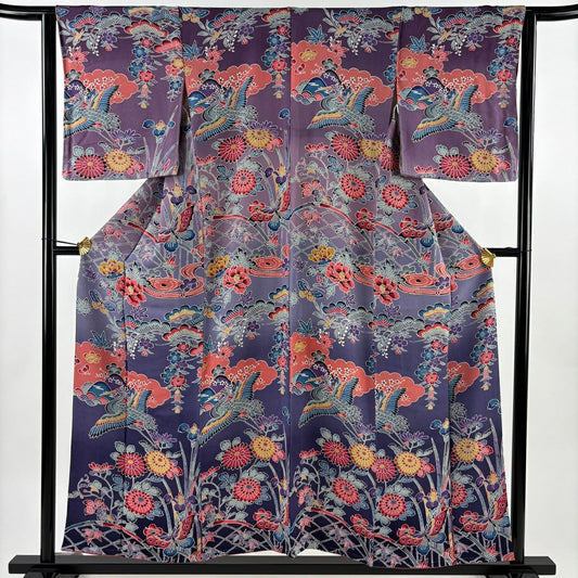 【美品】 付下 身長154cm 袖長64.5cm M 雙層 仙鶴 松樹竹子梅花 絞織 漸層 紫 純蠶絲 優品級
