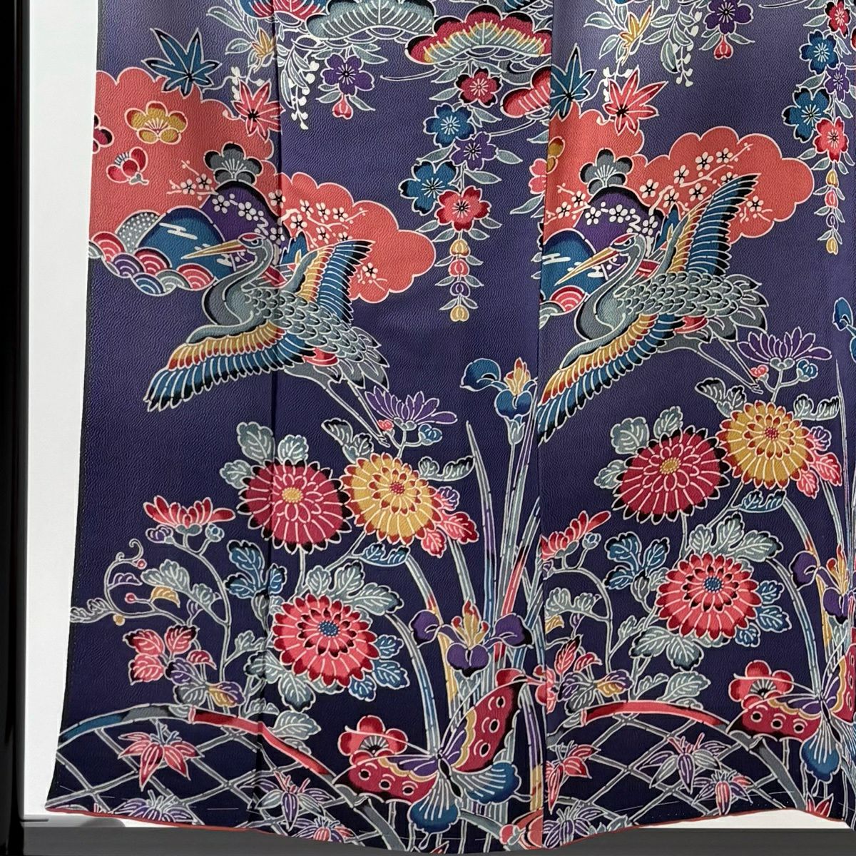 【美品】 付下 身長154cm 袖長64.5cm M 雙層 仙鶴 松樹竹子梅花 絞織 漸層 紫 純蠶絲 優品級