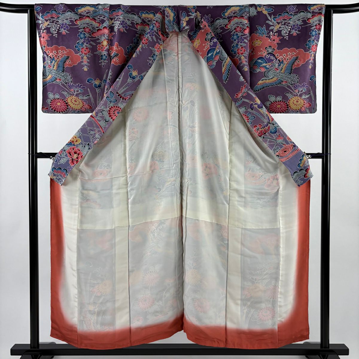 【美品】 付下 身長154cm 袖長64.5cm M 雙層 仙鶴 松樹竹子梅花 絞織 漸層 紫 純蠶絲 優品級