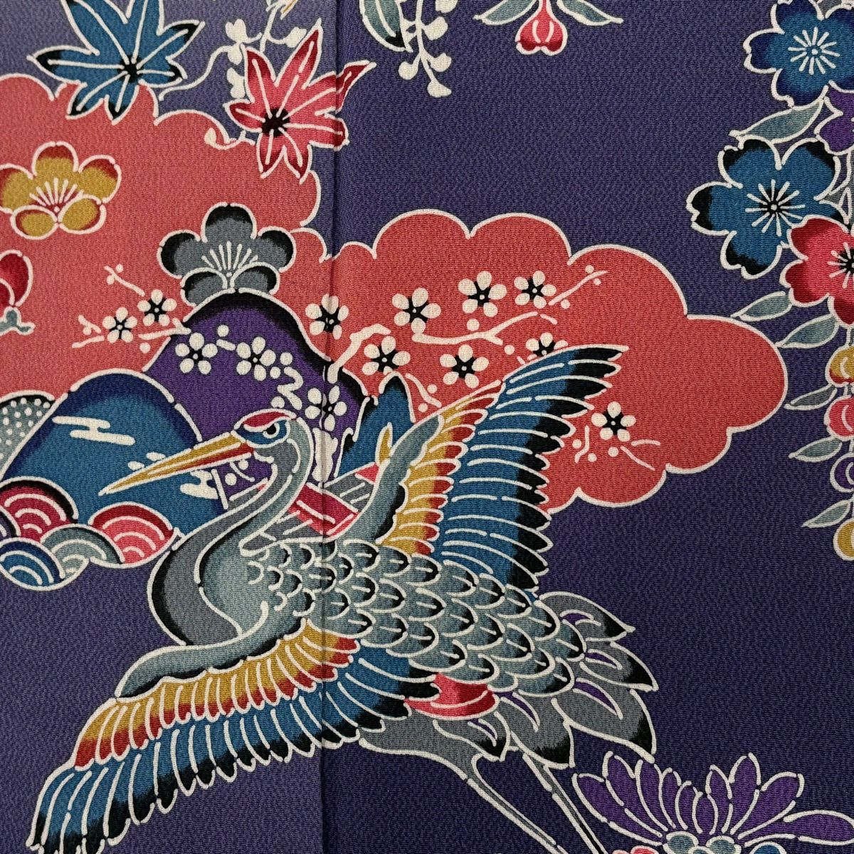 【美品】 付下 身長154cm 袖長64.5cm M 雙層 仙鶴 松樹竹子梅花 絞織 漸層 紫 純蠶絲 優品級