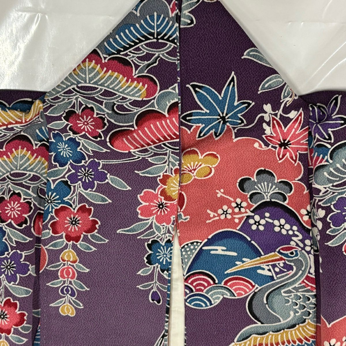 【美品】 付下 身長154cm 袖長64.5cm M 雙層 仙鶴 松樹竹子梅花 絞織 漸層 紫 純蠶絲 優品級