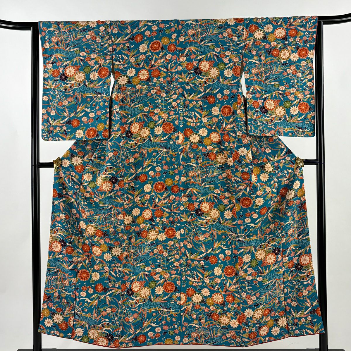 小紋 身長152.5cm 袖長63.5cm S 雙層 菊花 波 青綠 純蠶絲 秀品級