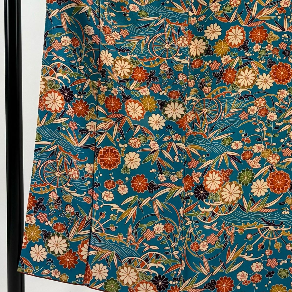 小紋 身長152.5cm 袖長63.5cm S 雙層 菊花 波 青綠 純蠶絲 秀品級