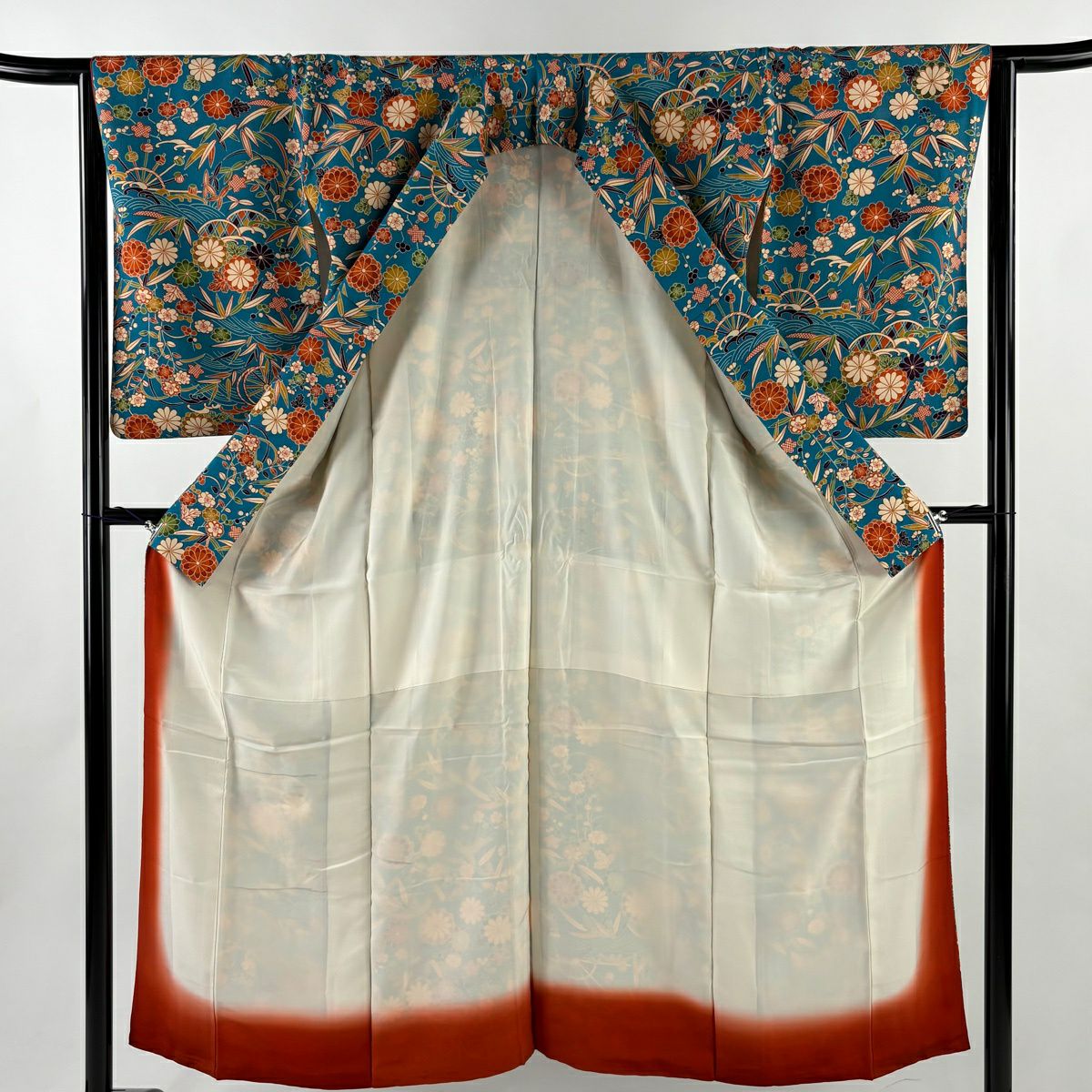 小紋 身長152.5cm 袖長63.5cm S 雙層 菊花 波 青綠 純蠶絲 秀品級