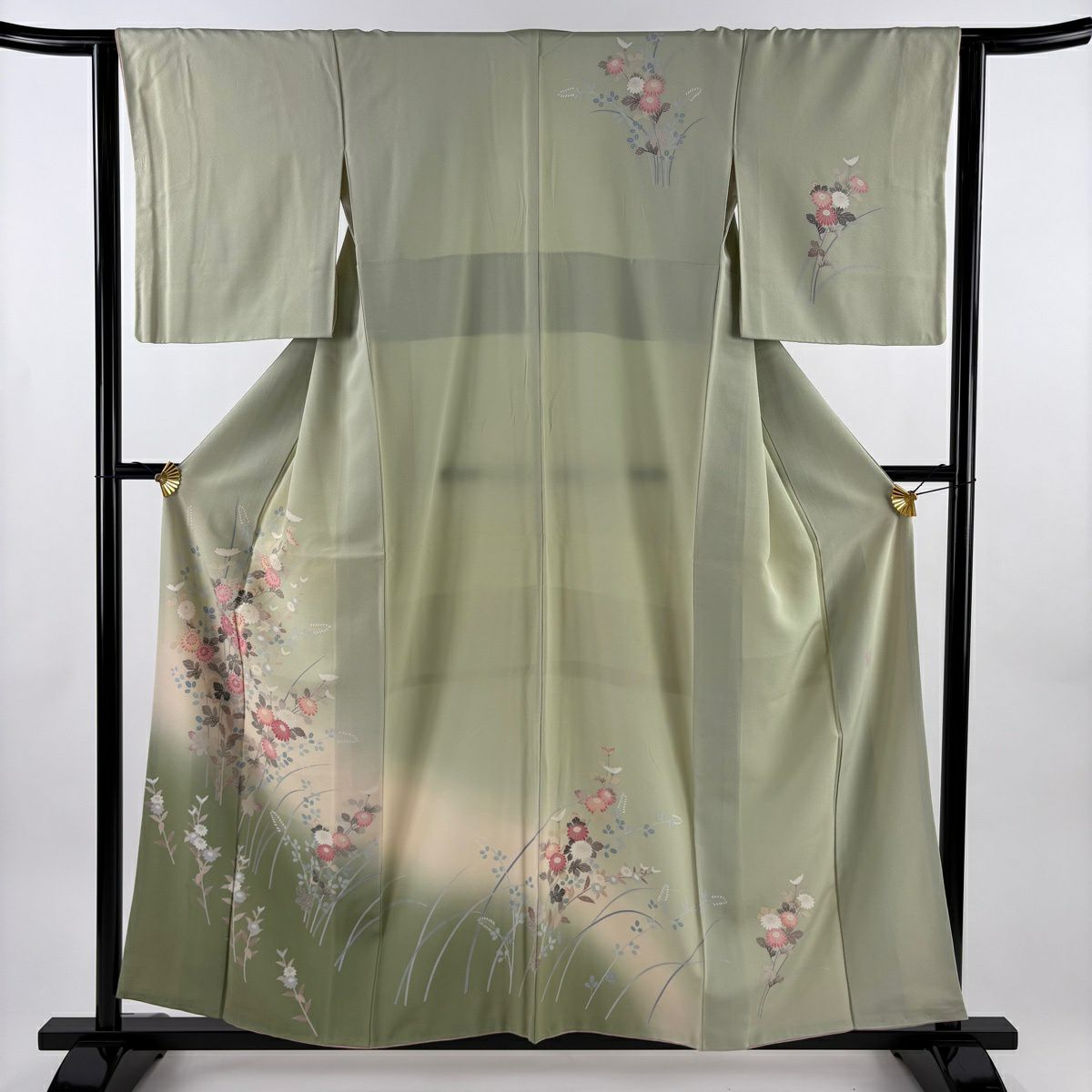訪問服 身長156.5cm 袖長62.5cm S 雙層 落款有 菊花 萩 染分 淡綠 純蠶絲 優品級