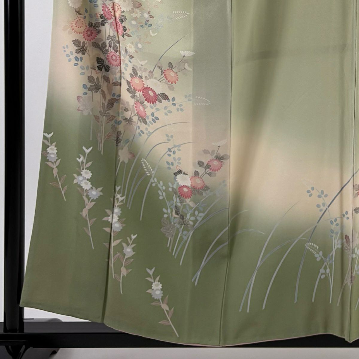 訪問服 身長156.5cm 袖長62.5cm S 雙層 落款有 菊花 萩 染分 淡綠 純蠶絲 優品級