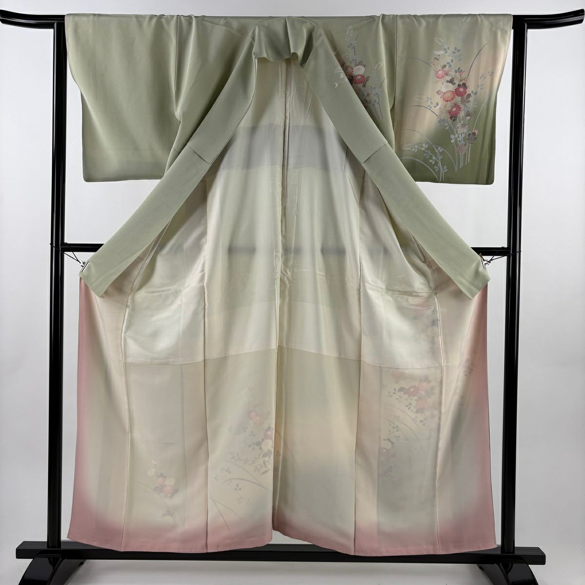 訪問服 身長156.5cm 袖長62.5cm S 雙層 落款有 菊花 萩 染分 淡綠 純蠶絲 優品級