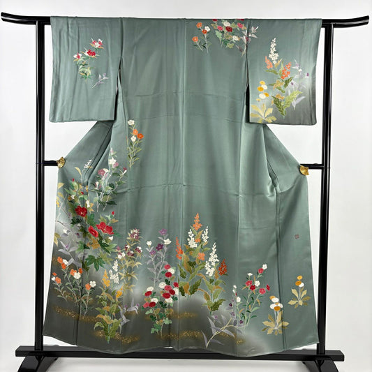 訪問服 身長156.5cm 袖長61cm S 雙層 落款あり 草花紋紋 霞刺繡 金彩裝飾 灰綠 純蠶絲 秀品級