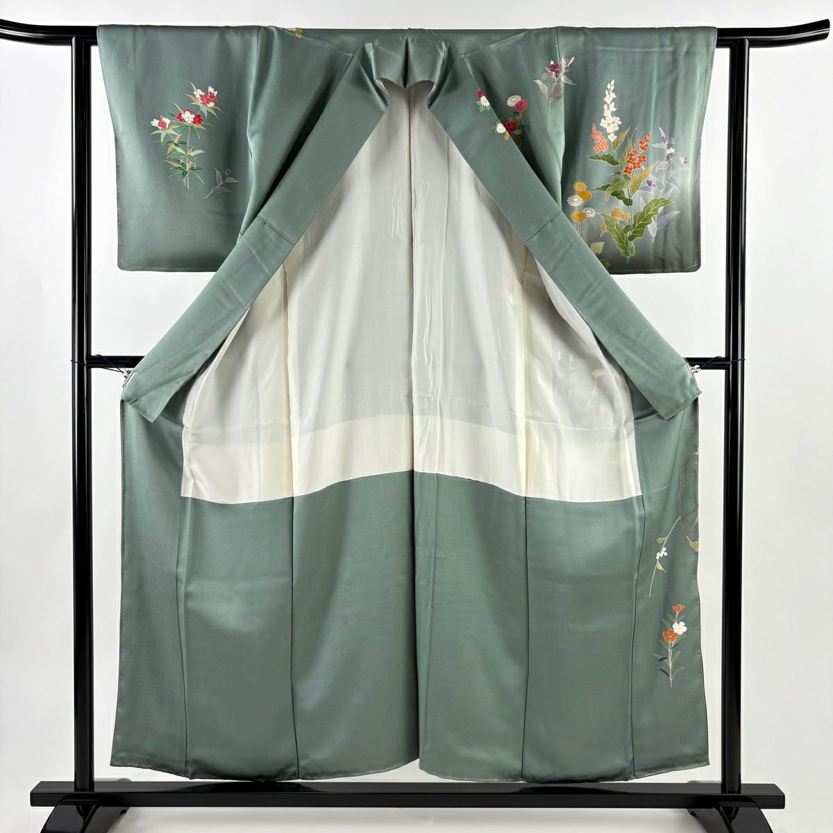 訪問服 身長156.5cm 袖長61cm S 雙層 落款あり 草花紋紋 霞刺繡 金彩裝飾 灰綠 純蠶絲 秀品級