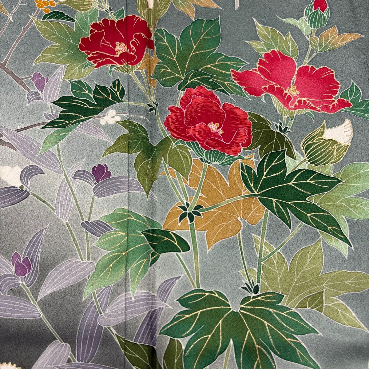 訪問服 身長156.5cm 袖長61cm S 雙層 落款あり 草花紋紋 霞刺繡 金彩裝飾 灰綠 純蠶絲 秀品級