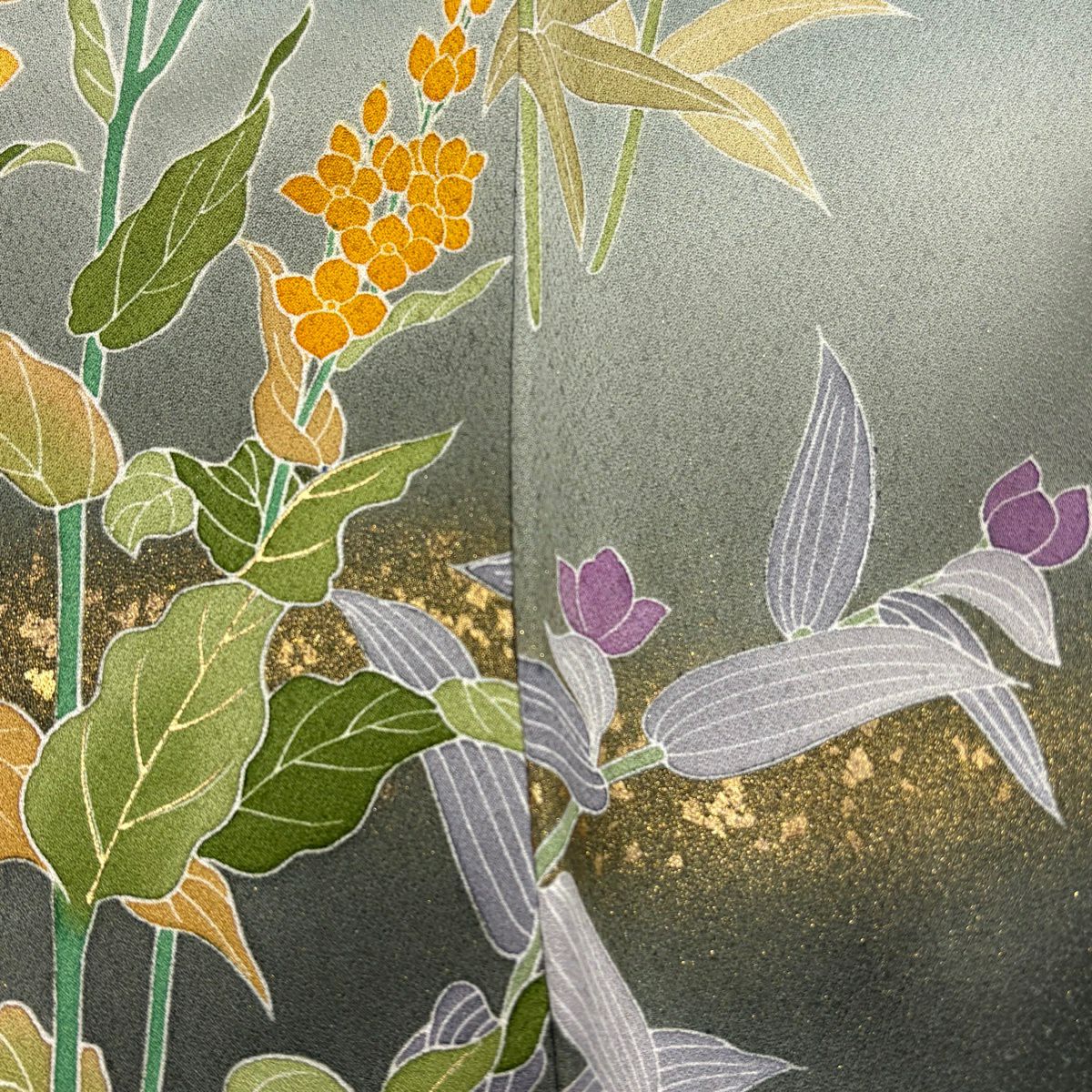 訪問服 身長156.5cm 袖長61cm S 雙層 落款あり 草花紋紋 霞刺繡 金彩裝飾 灰綠 純蠶絲 秀品級