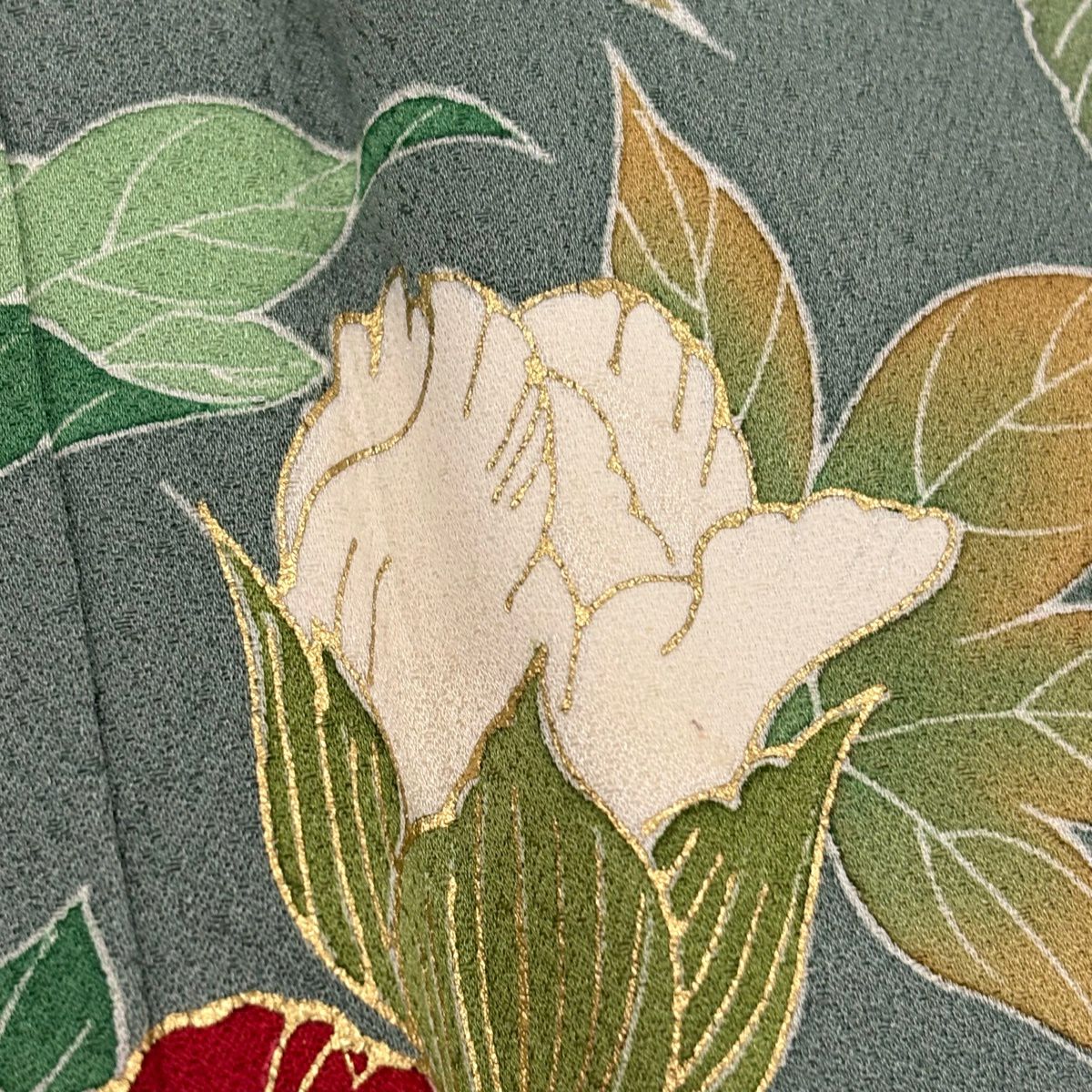 訪問服 身長156.5cm 袖長61cm S 雙層 落款あり 草花紋紋 霞刺繡 金彩裝飾 灰綠 純蠶絲 秀品級