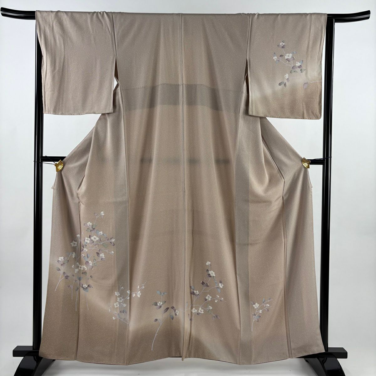 付下 身長161cm 袖長65cm M 雙層 枝花 幾何學 漸層 淺茶 純蠶絲 優品級