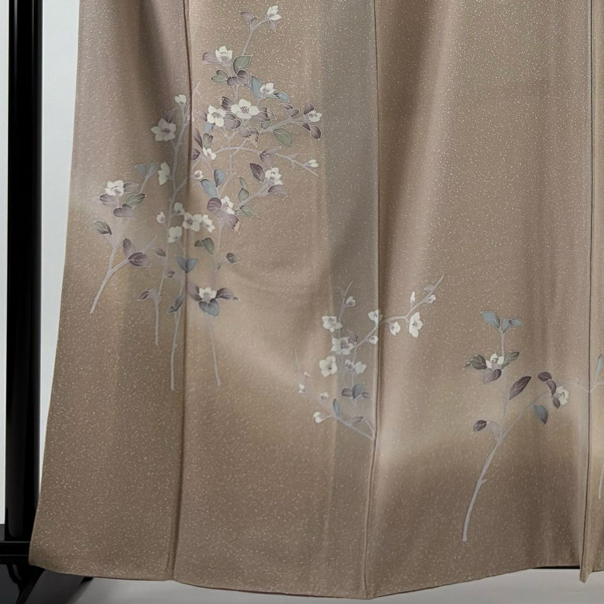 付下 身長161cm 袖長65cm M 雙層 枝花 幾何學 漸層 淺茶 純蠶絲 優品級