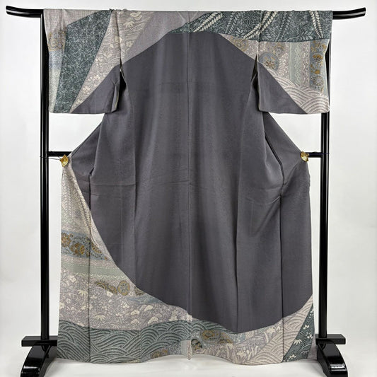 訪問服 身長166.5cm 袖長67cm M 雙層 花唐草紋 華紋 金絲 灰 純蠶絲 秀品級