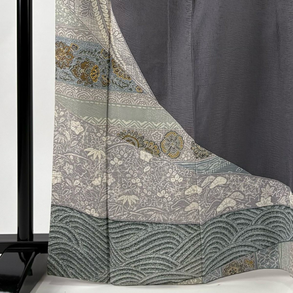 訪問服 身長166.5cm 袖長67cm M 雙層 花唐草紋 華紋 金絲 灰 純蠶絲 秀品級