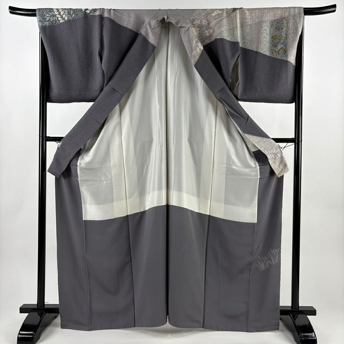訪問服 身長166.5cm 袖長67cm M 雙層 花唐草紋 華紋 金絲 灰 純蠶絲 秀品級
