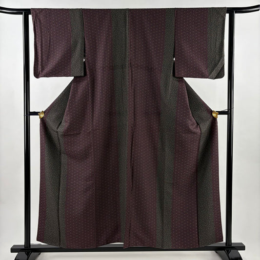 【美品】 小紋 身長157cm 袖長62cm S 雙層 麻葉 小花 茶紫 純蠶絲 秀品級