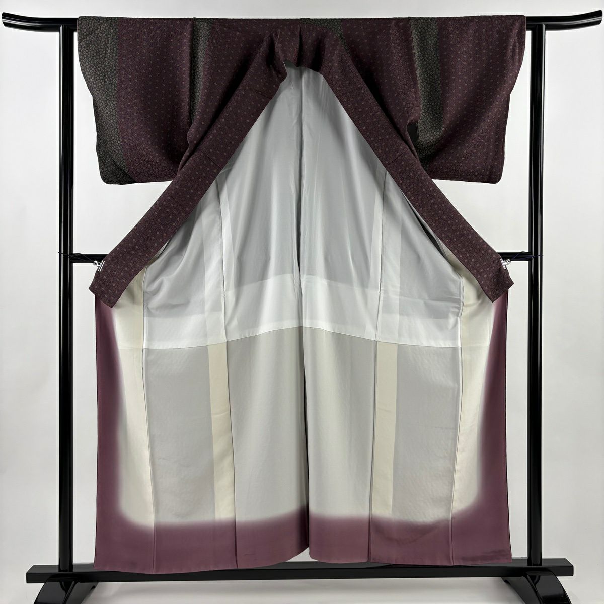 【美品】 小紋 身長157cm 袖長62cm S 雙層 麻葉 小花 茶紫 純蠶絲 秀品級