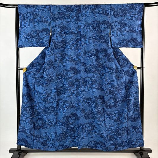 【美品】 小紋 身長156cm 袖長64.5cm M 雙層 落款あり 花丸紋 青海波 深藍 純蠶絲 秀品級