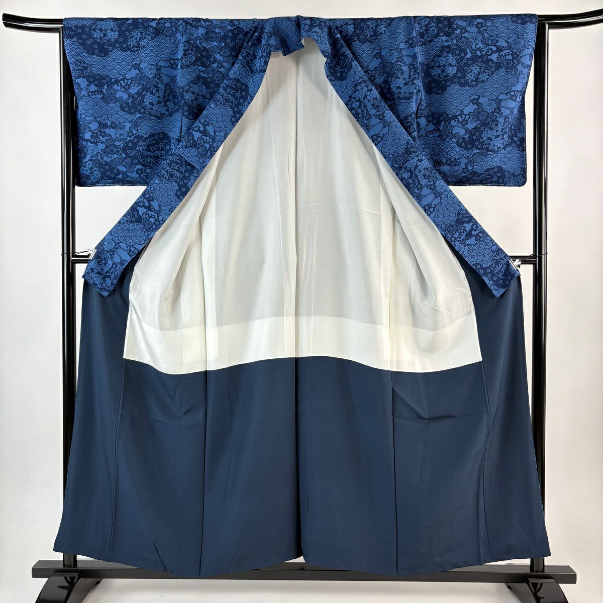 【美品】 小紋 身長156cm 袖長64.5cm M 雙層 落款あり 花丸紋 青海波 深藍 純蠶絲 秀品級