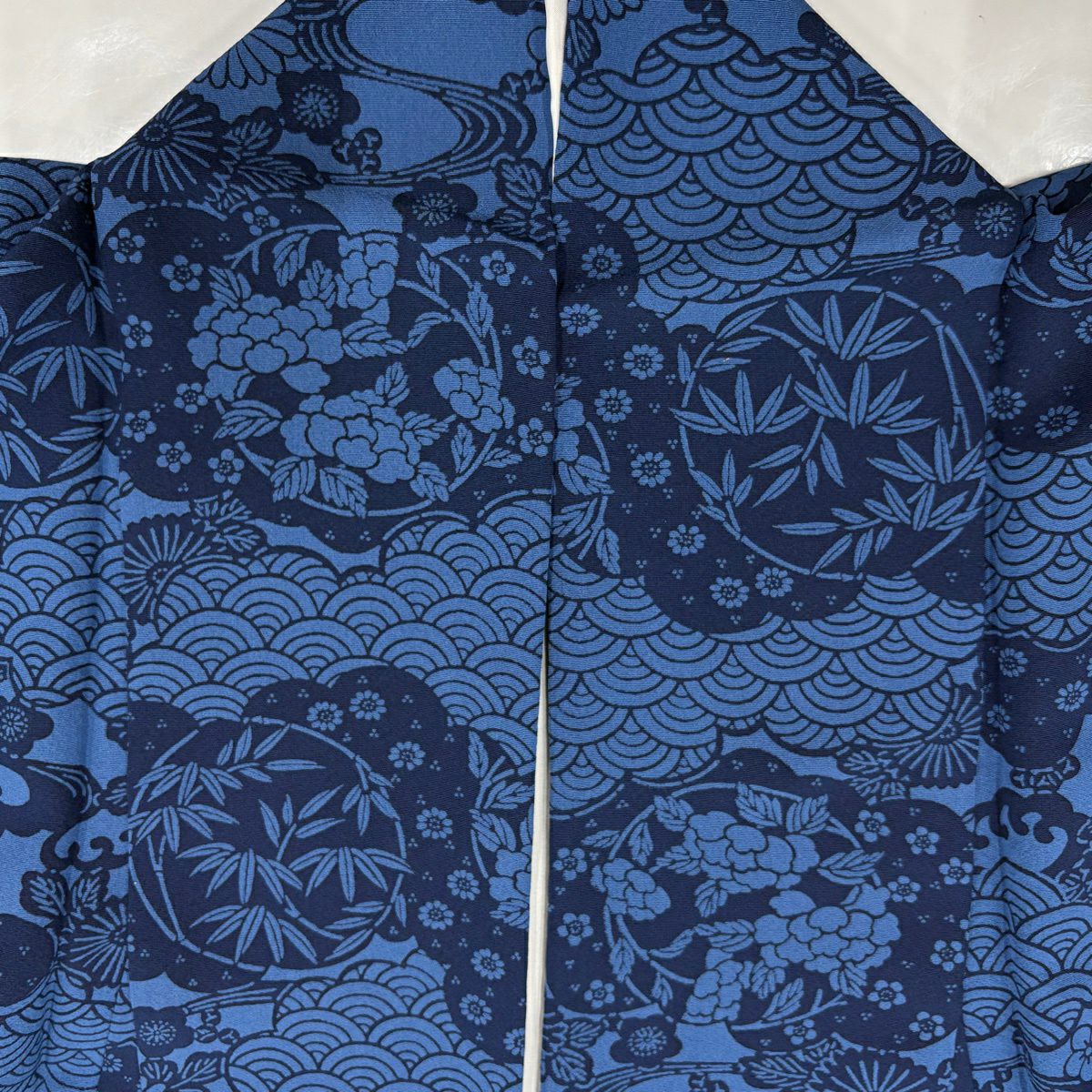 【美品】 小紋 身長156cm 袖長64.5cm M 雙層 落款あり 花丸紋 青海波 深藍 純蠶絲 秀品級