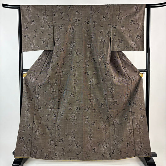 紬織織 身長164.5cm 袖長63cm S 雙層 草花紋紋 焦茶 純蠶絲 秀品級