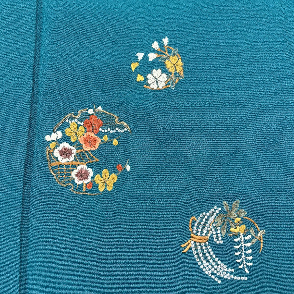 付下 身長153cm 袖長64.5cm M 雙層 雪輪 草花紋 金糸 刺繡 青綠 純蠶絲 秀品級