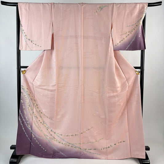 【美品】 付下 身長168cm 袖長67cm M 雙層 草花紋紋 地紋 金彩裝飾 染分 粉紅 純蠶絲 秀品級