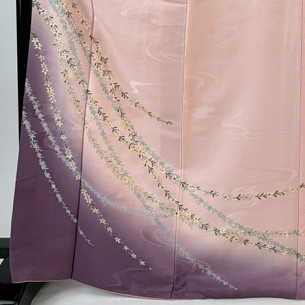 【美品】 付下 身長168cm 袖長67cm M 雙層 草花紋紋 地紋 金彩裝飾 染分 粉紅 純蠶絲 秀品級