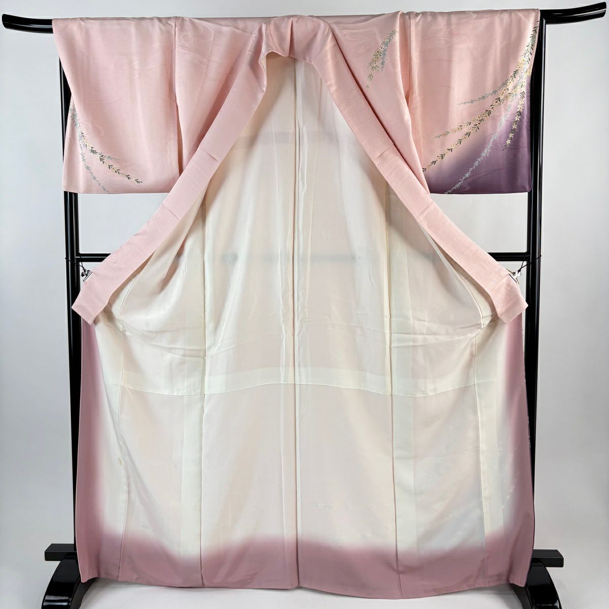 【美品】 付下 身長168cm 袖長67cm M 雙層 草花紋紋 地紋 金彩裝飾 染分 粉紅 純蠶絲 秀品級