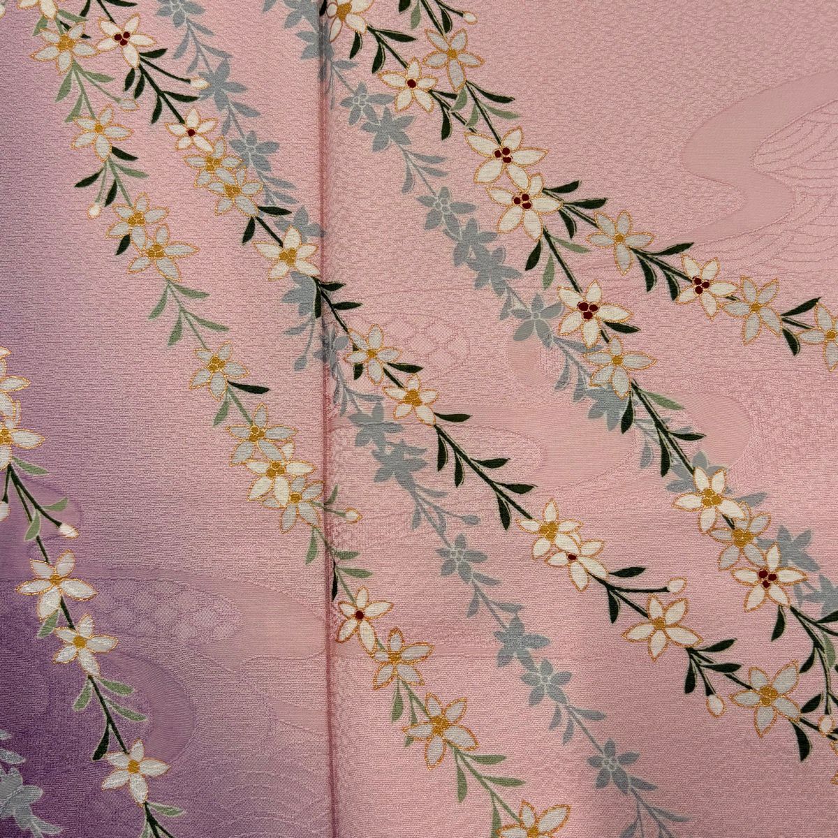 【美品】 付下 身長168cm 袖長67cm M 雙層 草花紋紋 地紋 金彩裝飾 染分 粉紅 純蠶絲 秀品級