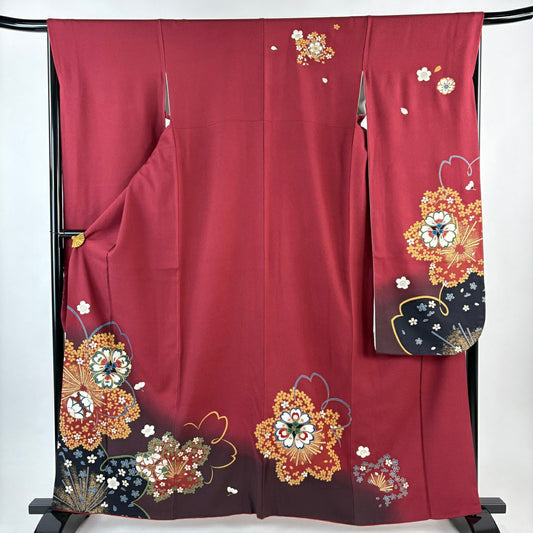 振袖禮服 身長162.5cm 袖長66cm M 雙層 櫻花 華紋 金絲 金銀彩 深紅 純蠶絲 優品級