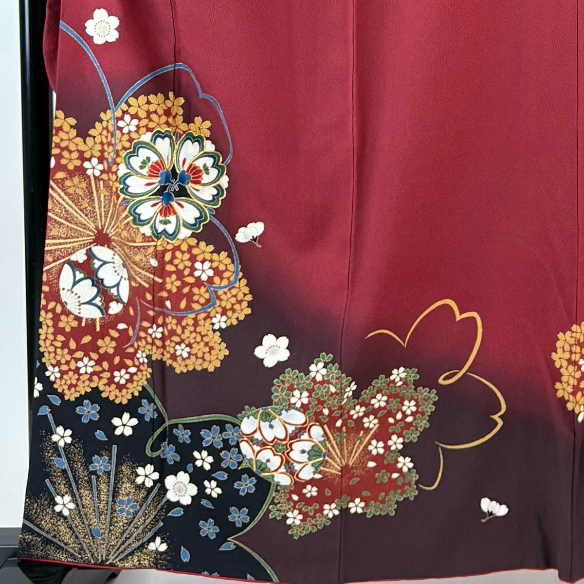 振袖禮服 身長162.5cm 袖長66cm M 雙層 櫻花 華紋 金絲 金銀彩 深紅 純蠶絲 優品級