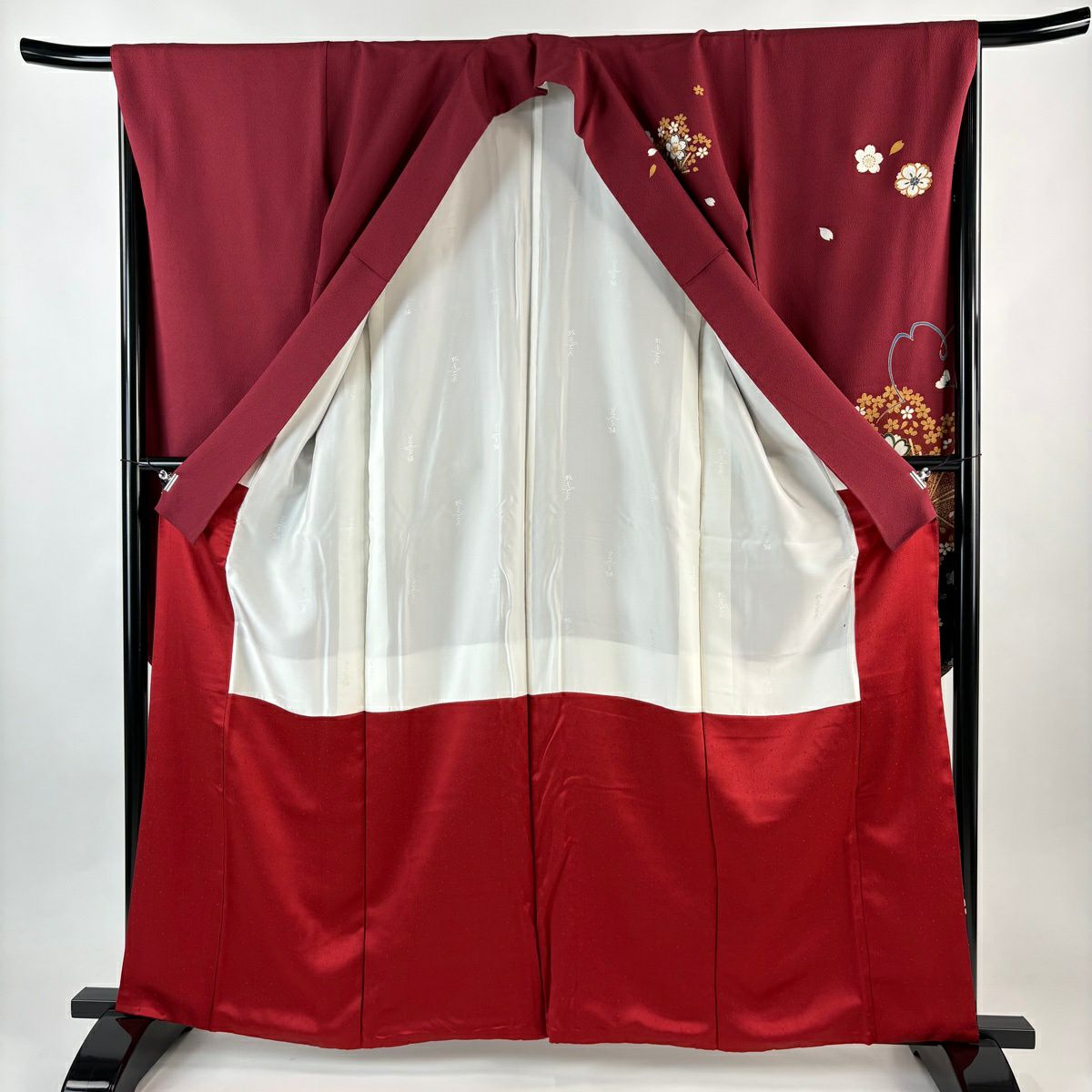振袖禮服 身長162.5cm 袖長66cm M 雙層 櫻花 華紋 金絲 金銀彩 深紅 純蠶絲 優品級