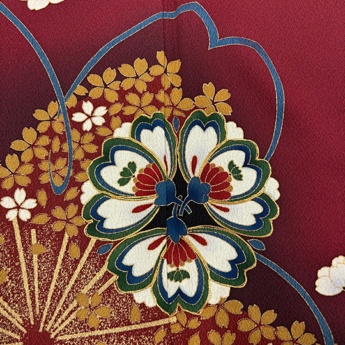 振袖禮服 身長162.5cm 袖長66cm M 雙層 櫻花 華紋 金絲 金銀彩 深紅 純蠶絲 優品級