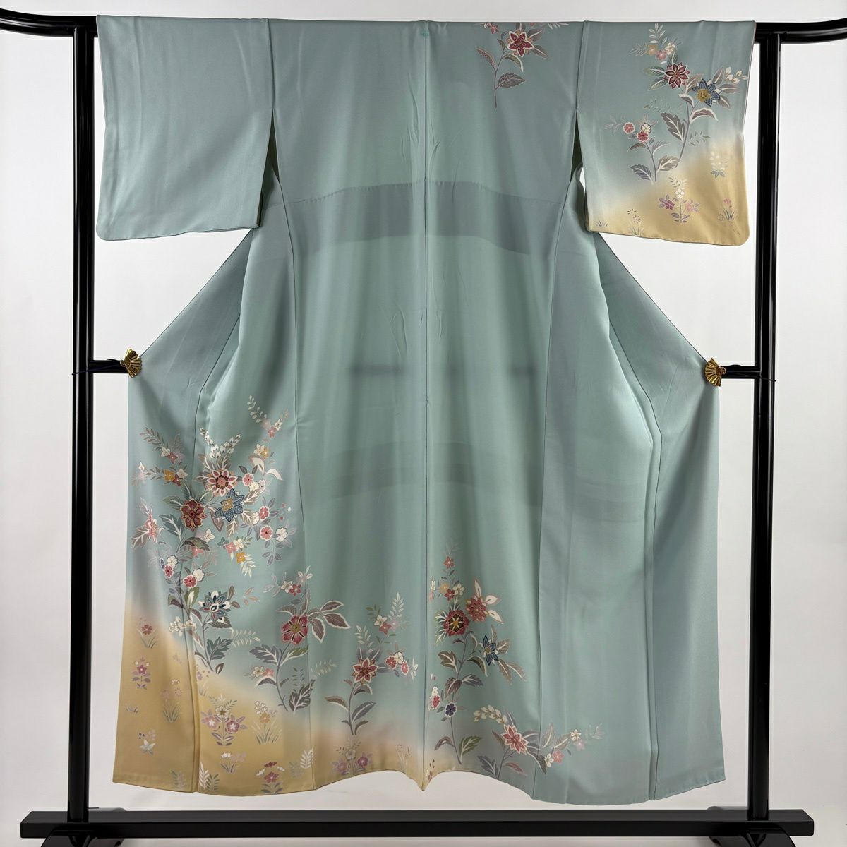 訪問服 身長151.5cm 袖長61.5cm S 雙層 草花紋紋 金絲 金銀彩 水色 純蠶絲 秀品級 一つ紋