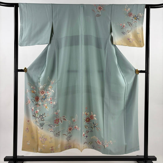 訪問服 身長151.5cm 袖長61.5cm S 雙層 草花紋紋 金絲 金銀彩 水色 純蠶絲 秀品級 一つ紋