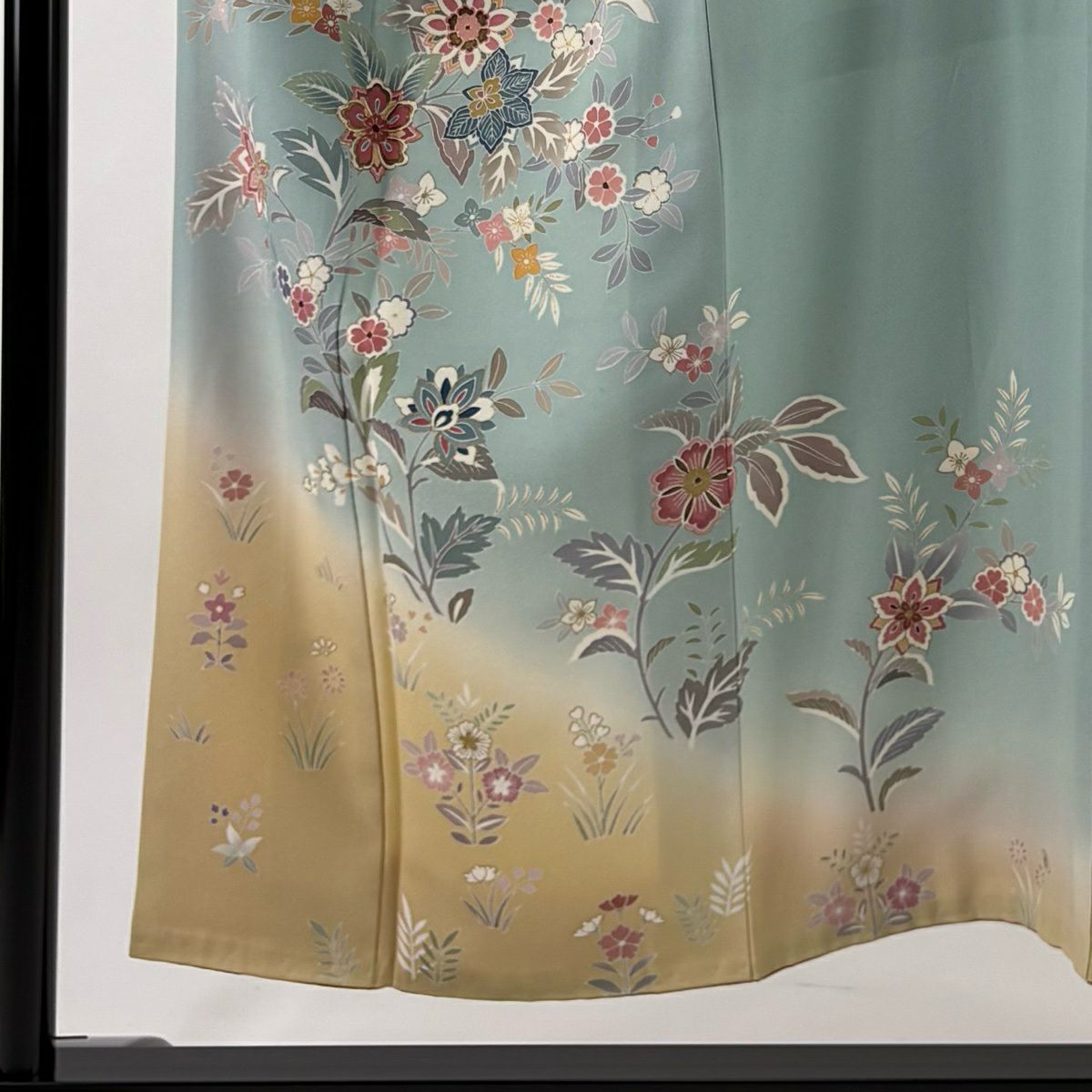 訪問服 身長151.5cm 袖長61.5cm S 雙層 草花紋紋 金絲 金銀彩 水色 純蠶絲 秀品級 一つ紋