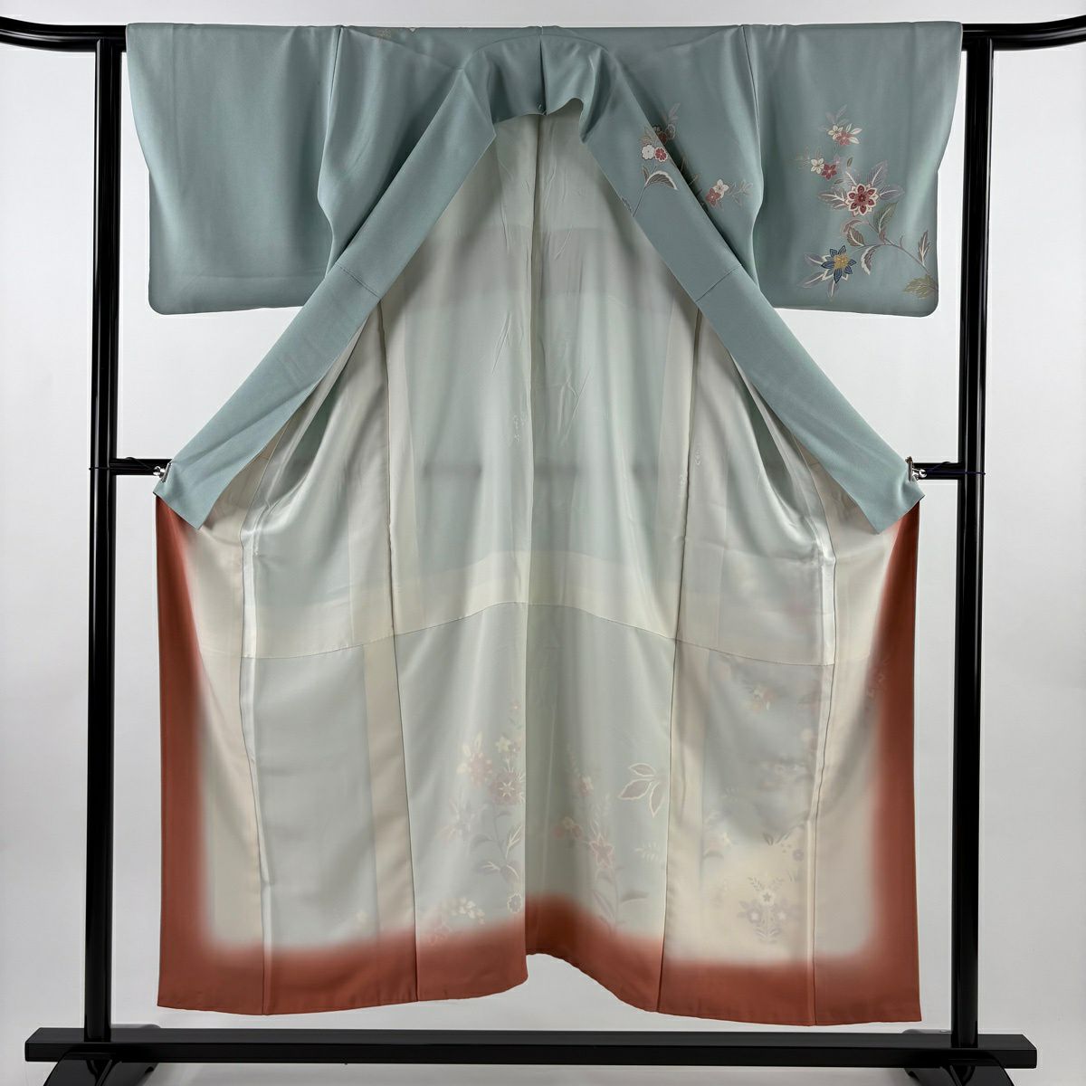 訪問服 身長151.5cm 袖長61.5cm S 雙層 草花紋紋 金絲 金銀彩 水色 純蠶絲 秀品級 一つ紋